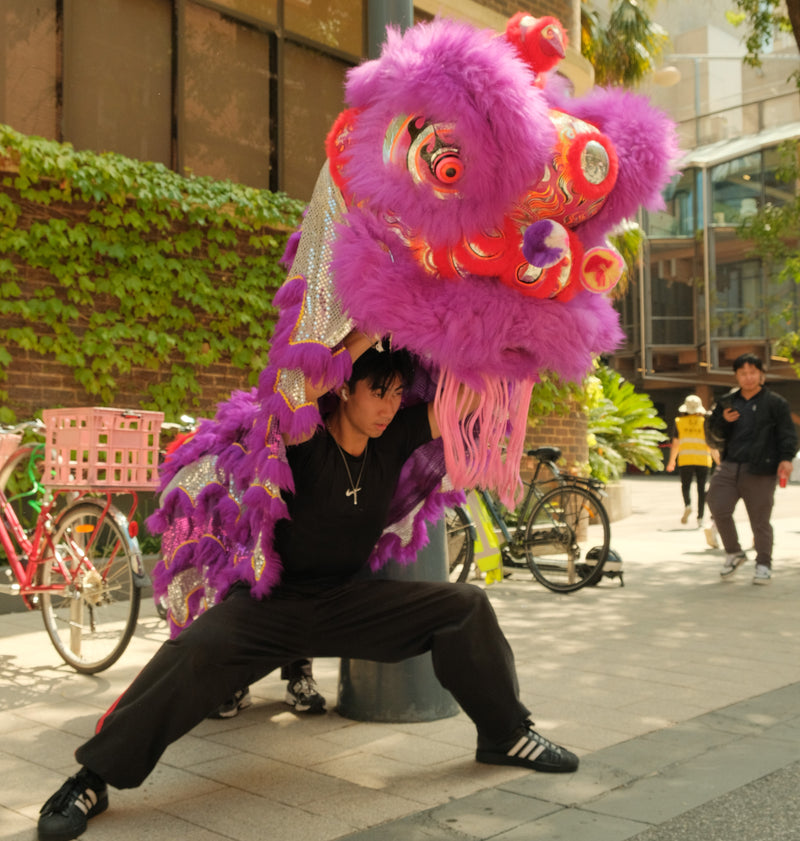 Person performing a traditional lion dance with a large, colorful dragon costume on a city street at RMIT University