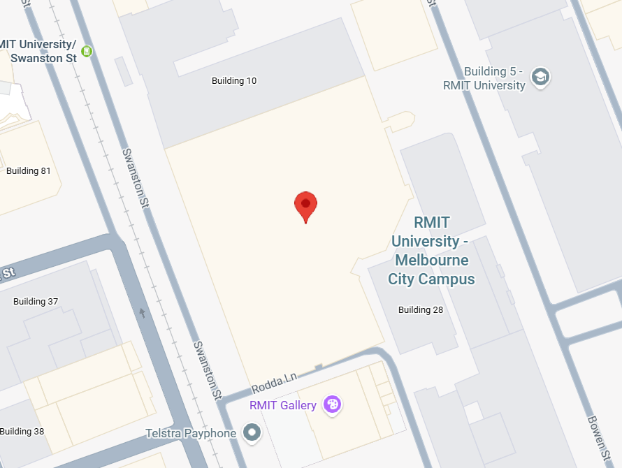 A digital map showing the RMIT University - Melbourne City Campus area, with a red pin marker centered on a light beige building marking the RMIT Active Hub, surrounded by streets and labeled buildings.