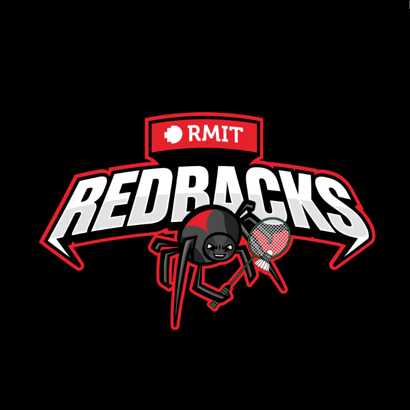 RMIT Redbacks Badminton logo with a spider and tennis racket on a white background