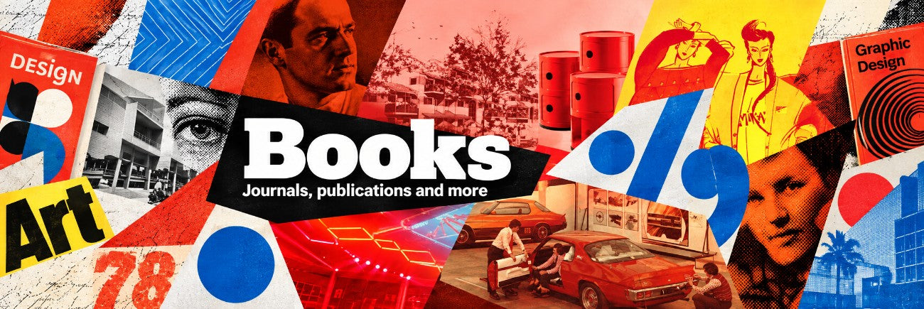 A colorful collage-style graphic with the word 'Books' in large white text across the center, surrounded by red, yellow, blue, black, and white panels featuring vintage book covers, portraits, cars, and abstract shapes. Smaller text includes 'Journals, publications and more' and 'Design Art'.