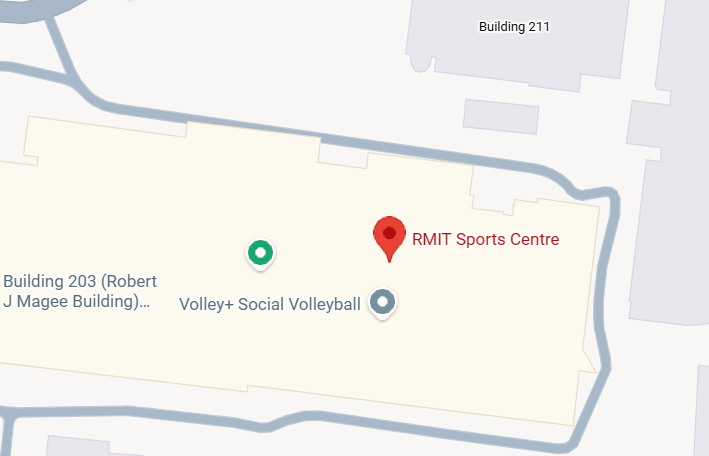 A map-style graphic showing the RMIT Sports Centre with a red pin marker, plus nearby labels for Building 211, Building 203, and Volley+ Social Volleyball on a light gray background.