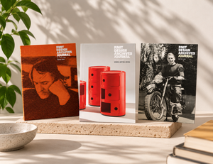 Three RMIT Design Archive Journal Pack displayed together for RMIT Store: Graeme Gunn with an orange halftone portrait cover, Women, Writing, Design featuring red modular furniture, and Romberg with a black-and-white vintage motorcycle photograph.