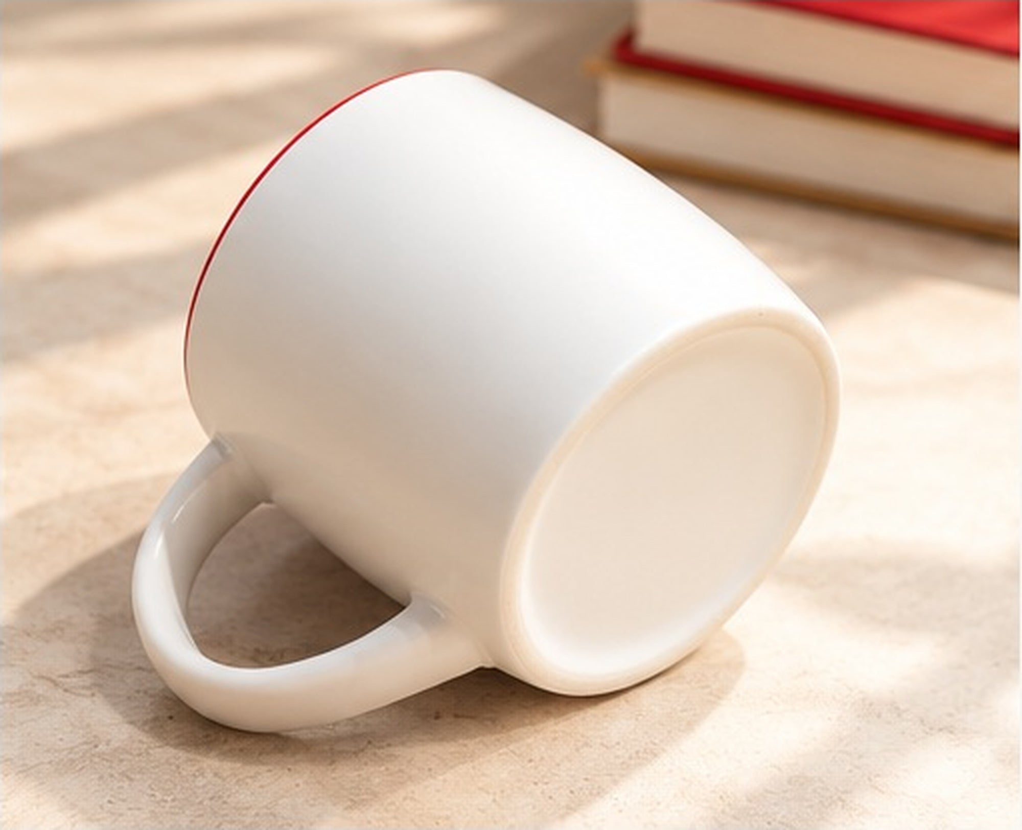 RMIT 1887 Mug in white ceramic lying on its side on a light stone surface, showing the plain circular base, curved white handle and a thin red rim. Stacked red books appear softly blurred in the background. No branding or engraving is visible on the base in this RMIT Store product image.