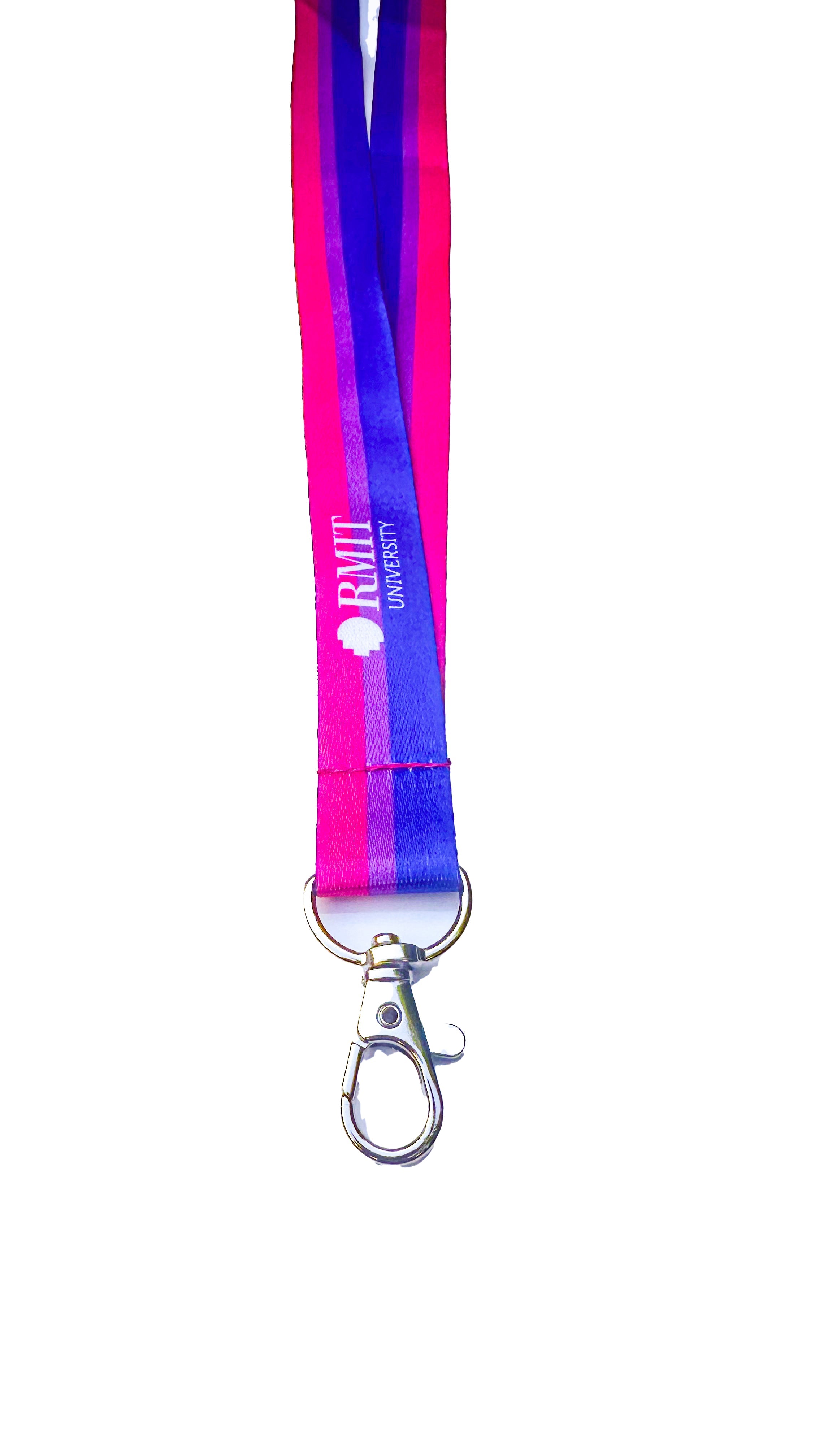 Close-up of a bisexual pride lanyard from the RMIT Store, featuring horizontal stripes in pink, purple, and blue. The lanyard has a silver metal clip and a subtle engraved RMIT logo near the attachment point. The fabric appears smooth and durable, shown against a plain white background.