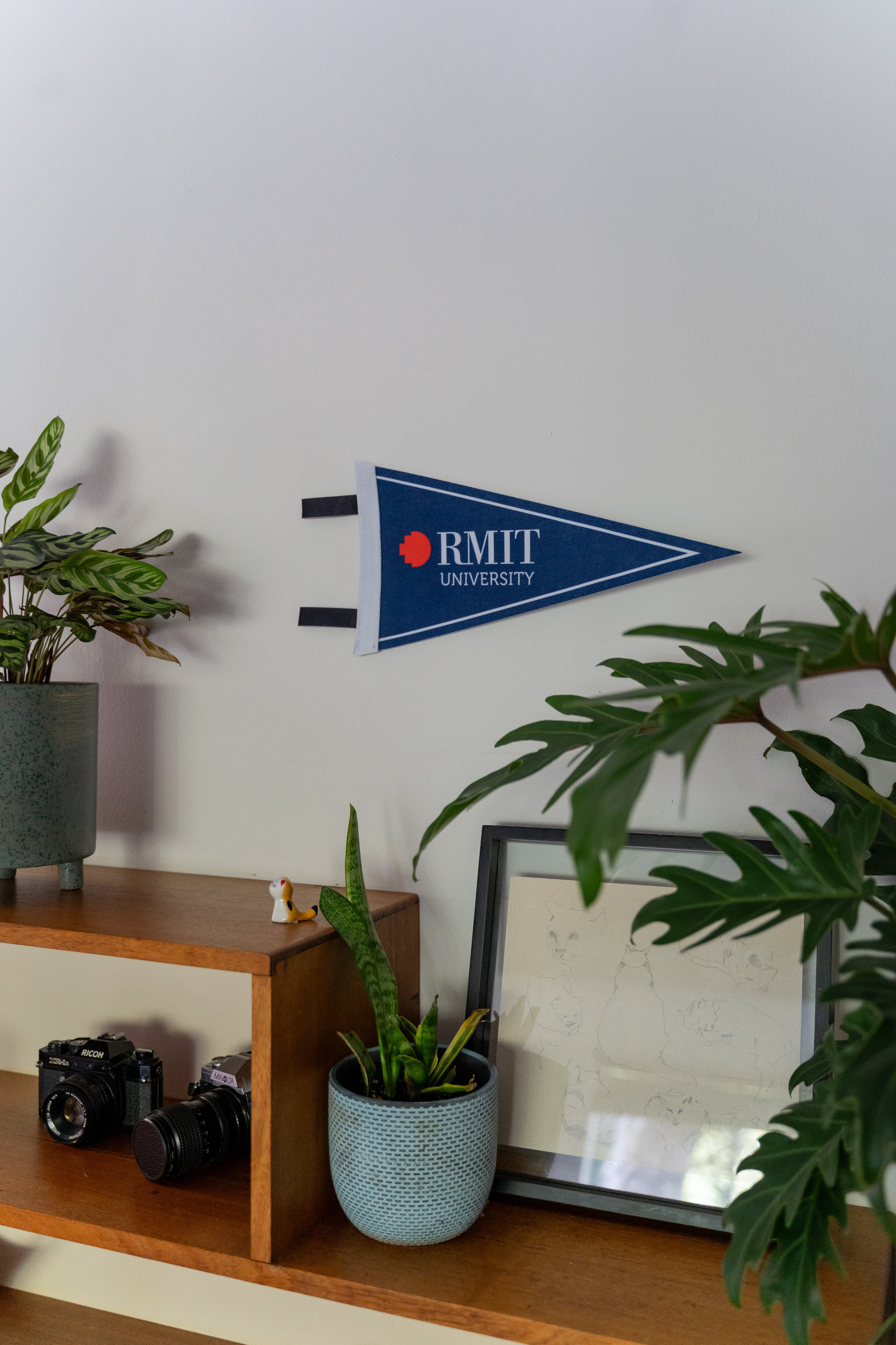 Horizontal display of an RMIT Store felt pennant with a white border line on a wall, surrounded by greenery and shelf items. The pennant has a blue background with white 'RMIT University' text and a red pixel logo, representing RMIT branding.