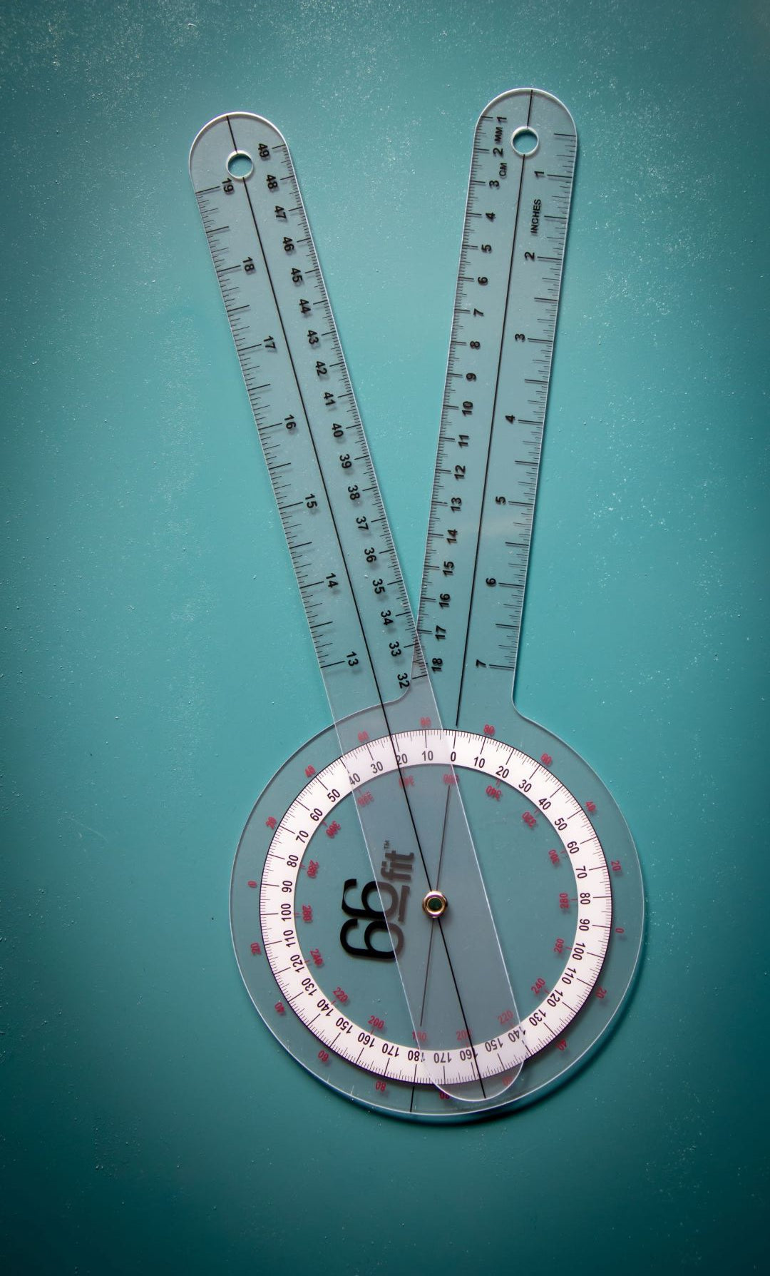 12-inch goniometer from the RMIT Store against a teal background, featuring clear measurement markings to support precise patient assessments.