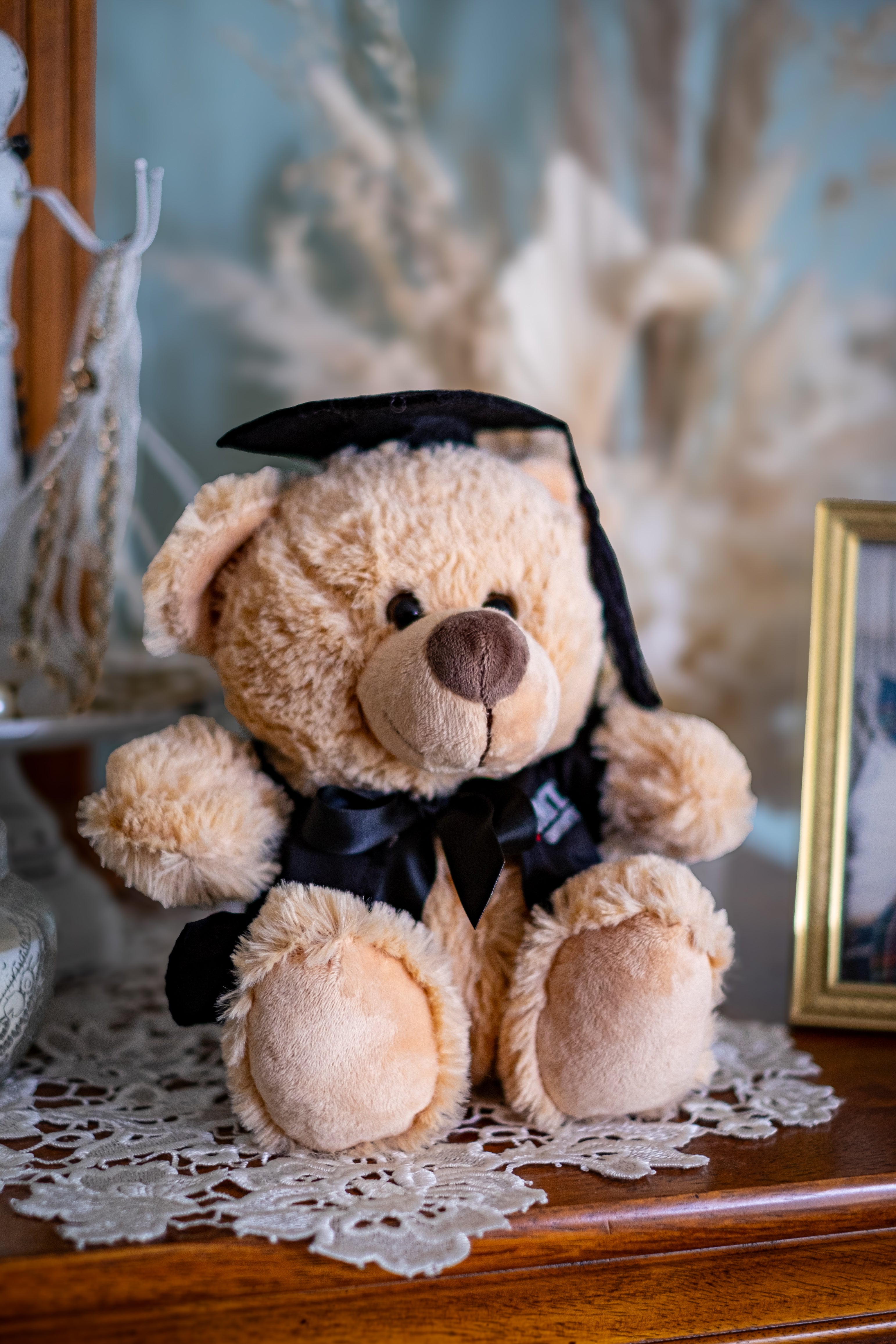 Full view of an RMIT Graduation Bear plush toy slightly looking to its left, wearing a black graduation gown with red and white RMIT University branding on the chest and a black mortarboard with a dangling tassel, placed in a warm, homey setting with soft furnishings in the background. Available at the RMIT Store.