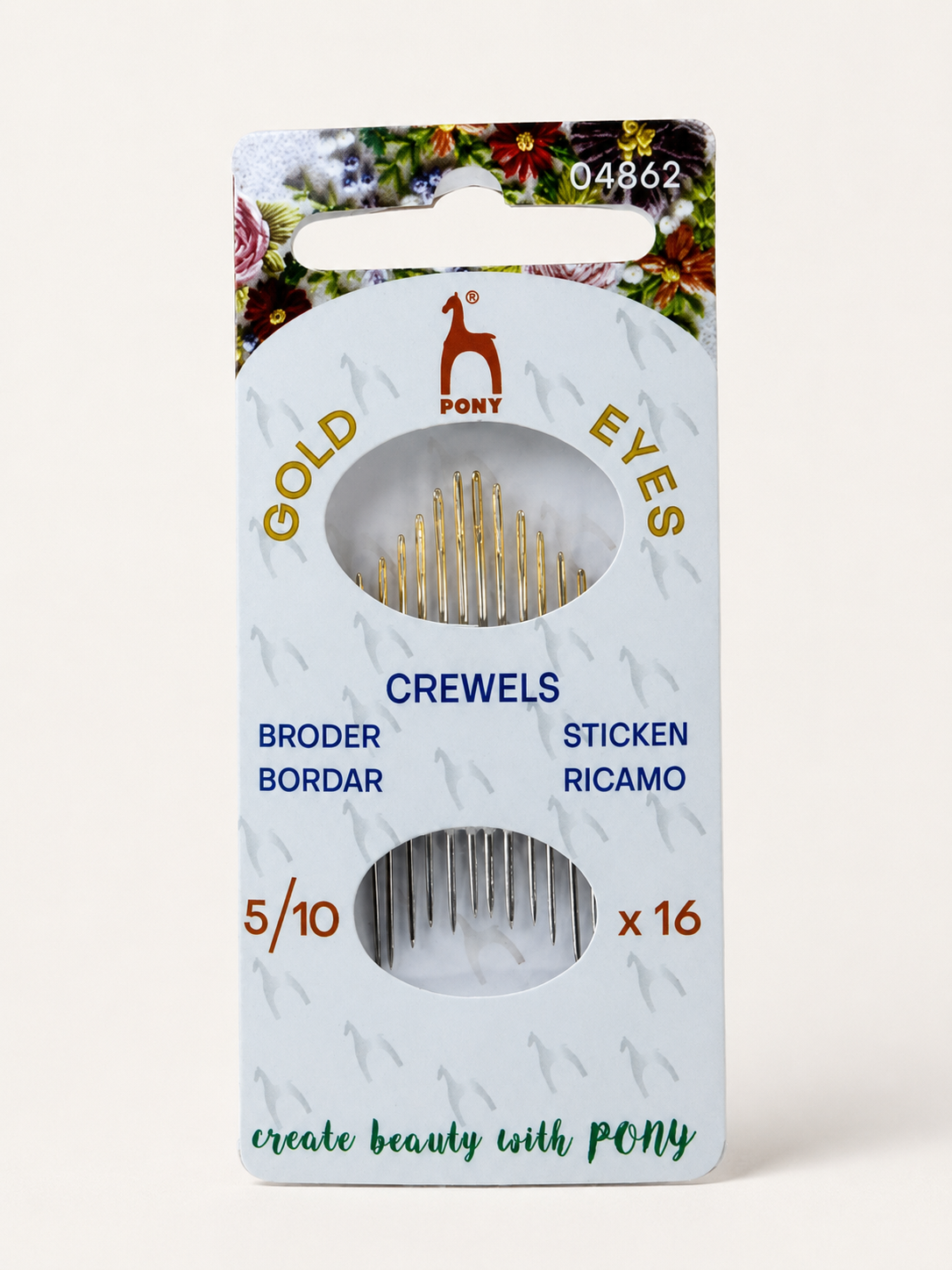 Pony Gold Eye Crewel hand sewing needles available at the RMIT Store, shown in a white retail card pack on a light grey studio background with visible Pony horse logo branding, floral printed header design, multilingual crewel needle text and two oval windows displaying gold eye embroidery needles in assorted sizes 5–10, containing 16 metal hand sewing needles for textile and embroidery applications.