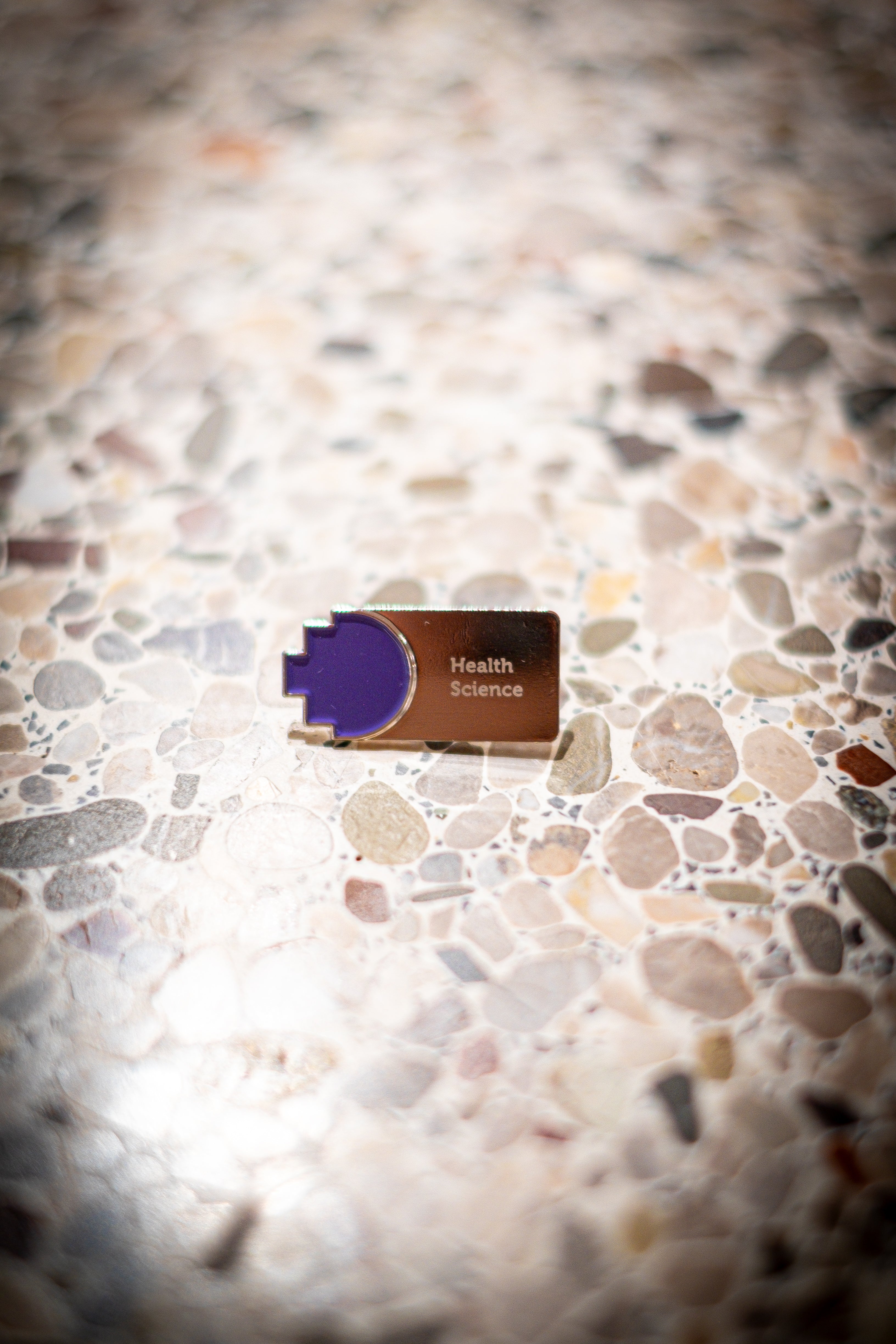 Health Science discipline pin in a horizontal layout, featuring a purple pixelated logo on the left beside a silver square with 'Health Science' text, set against a light marble background, available at the RMIT Store.