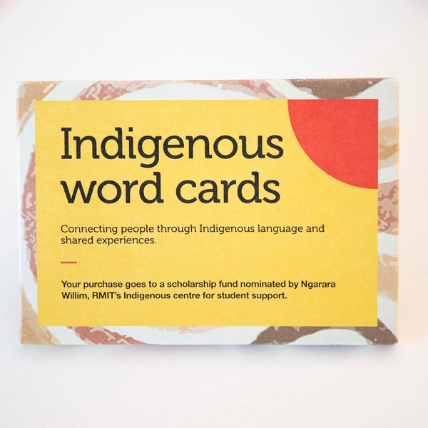 Front cover of the Indigenous Words Cards pack from the RMIT Store featuring "Indigenous word cards" in bold along with "Connecting people through Indigenous language and shared experiences" underneath.