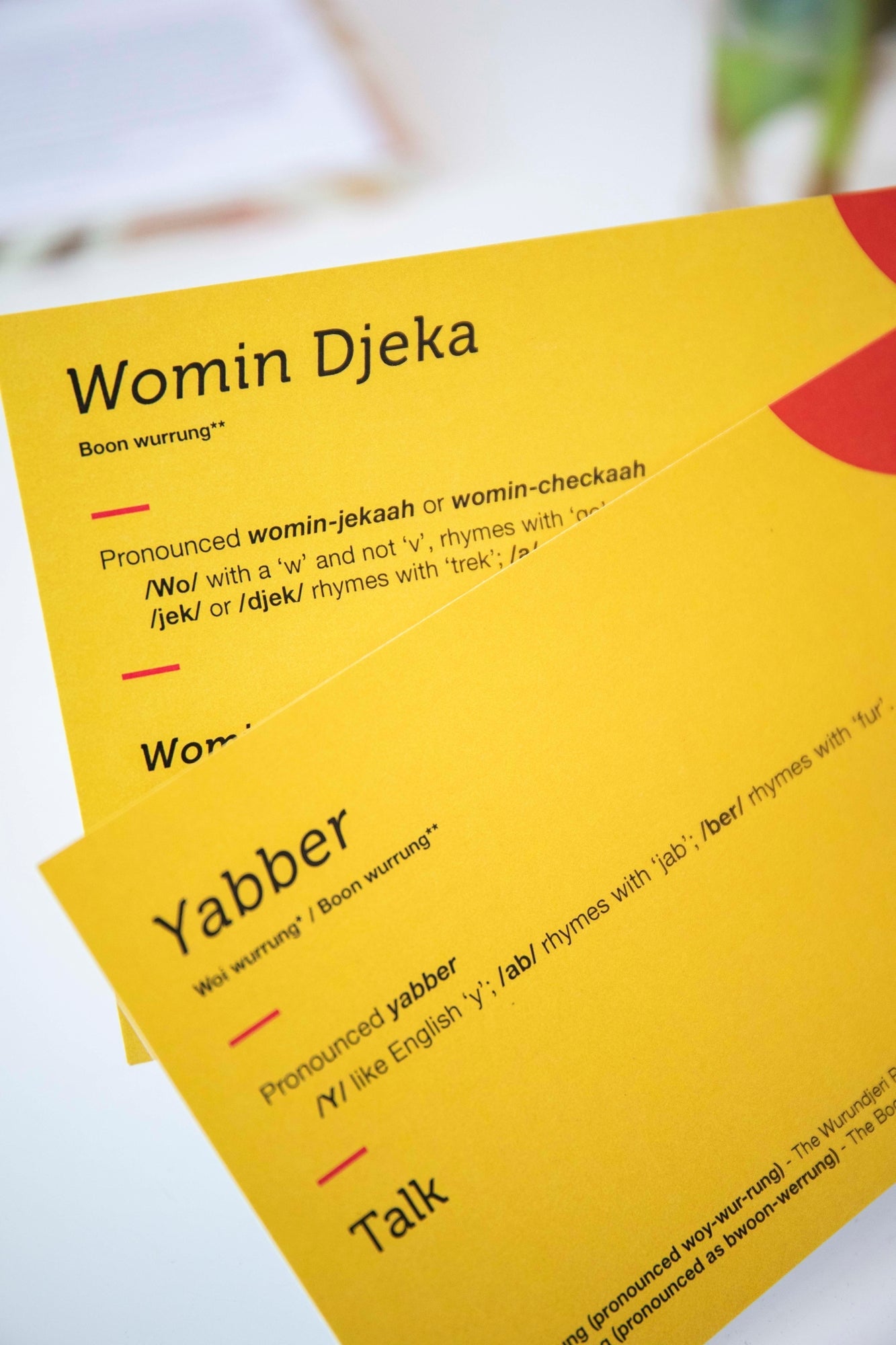 Two loose Indigenous Words Cards from the RMIT Store fanned out, showing the meanings for words “Womin Djeka” and “Yabber”