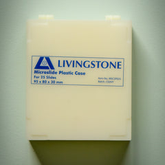 Microslide Plastic Case by Livingstone, closed front view in off-white reusable plastic with a blue printed LIVINGSTONE logo, Microslide Plastic Case branding, capacity for 25 slides, dimensions 95 × 80 × 30 mm, item number MSCSP025 and batch code C02HY visible on the front label. The hinged slide storage case is photographed against a plain light background for the RMIT Store product catalogue.