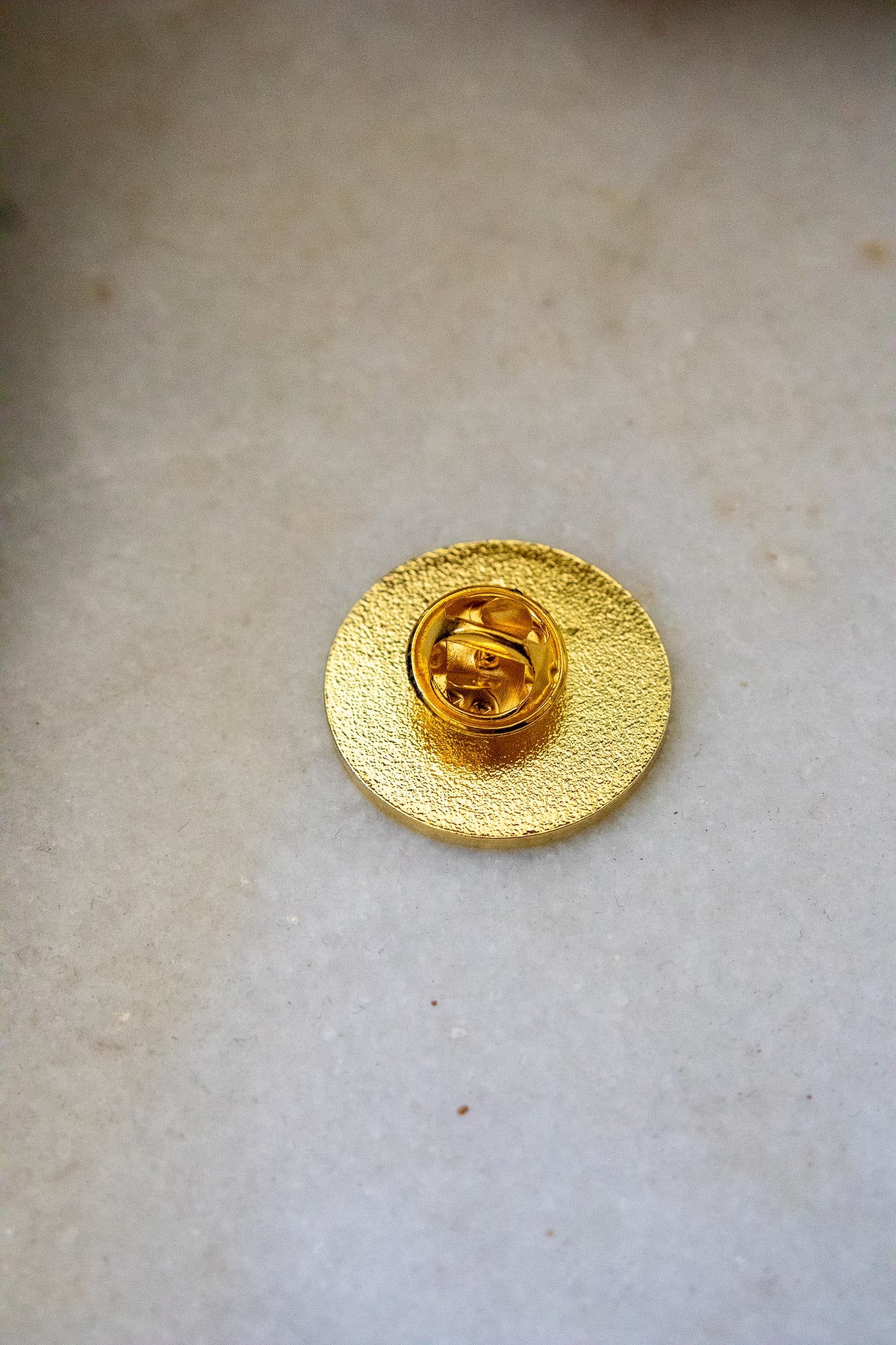 Back view of the RMIT motto lapel pin showing a butterfly clutch pin back and gold-finished details, set against a light background, available at the RMIT Store.