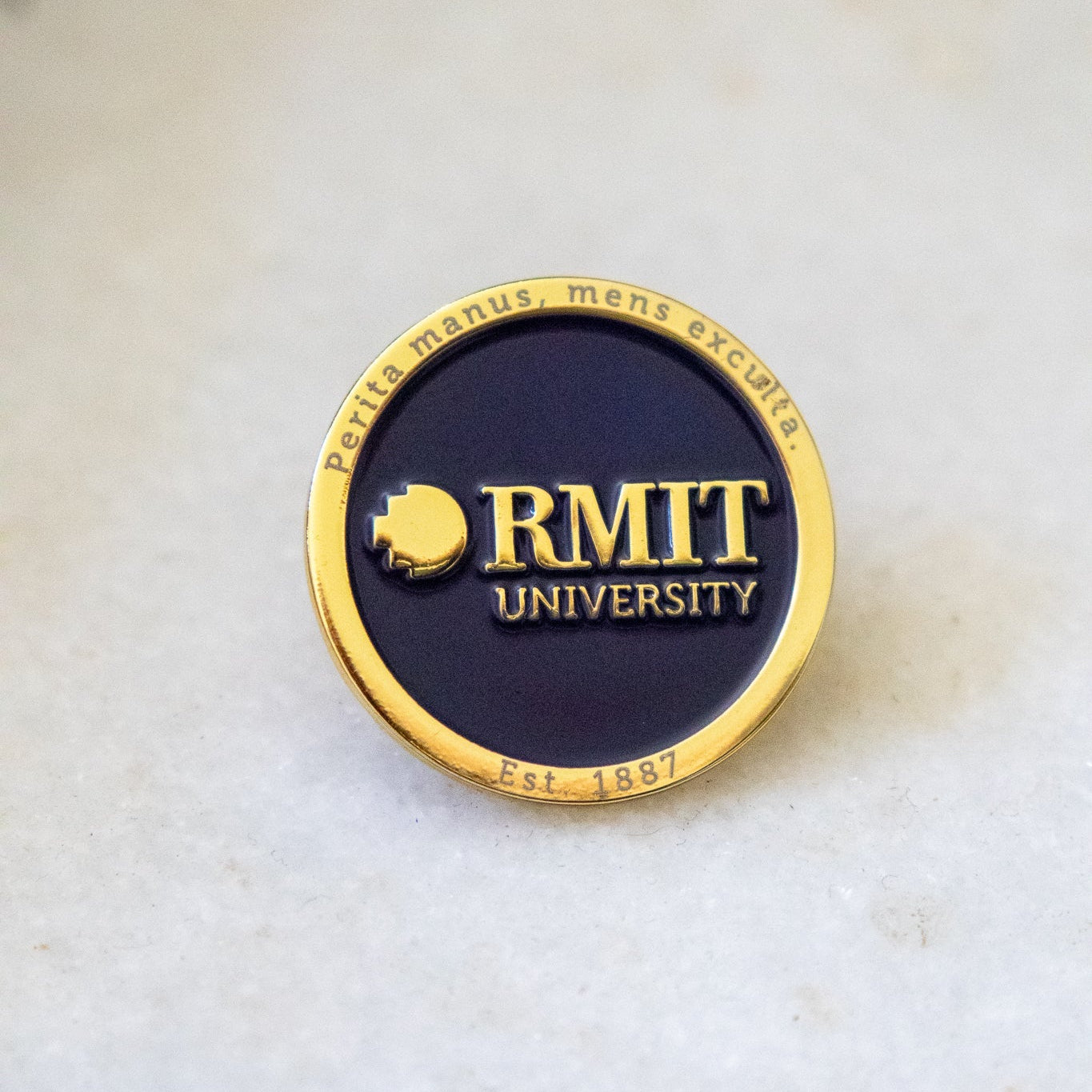 RMIT University Motto Lapel pin on a light background