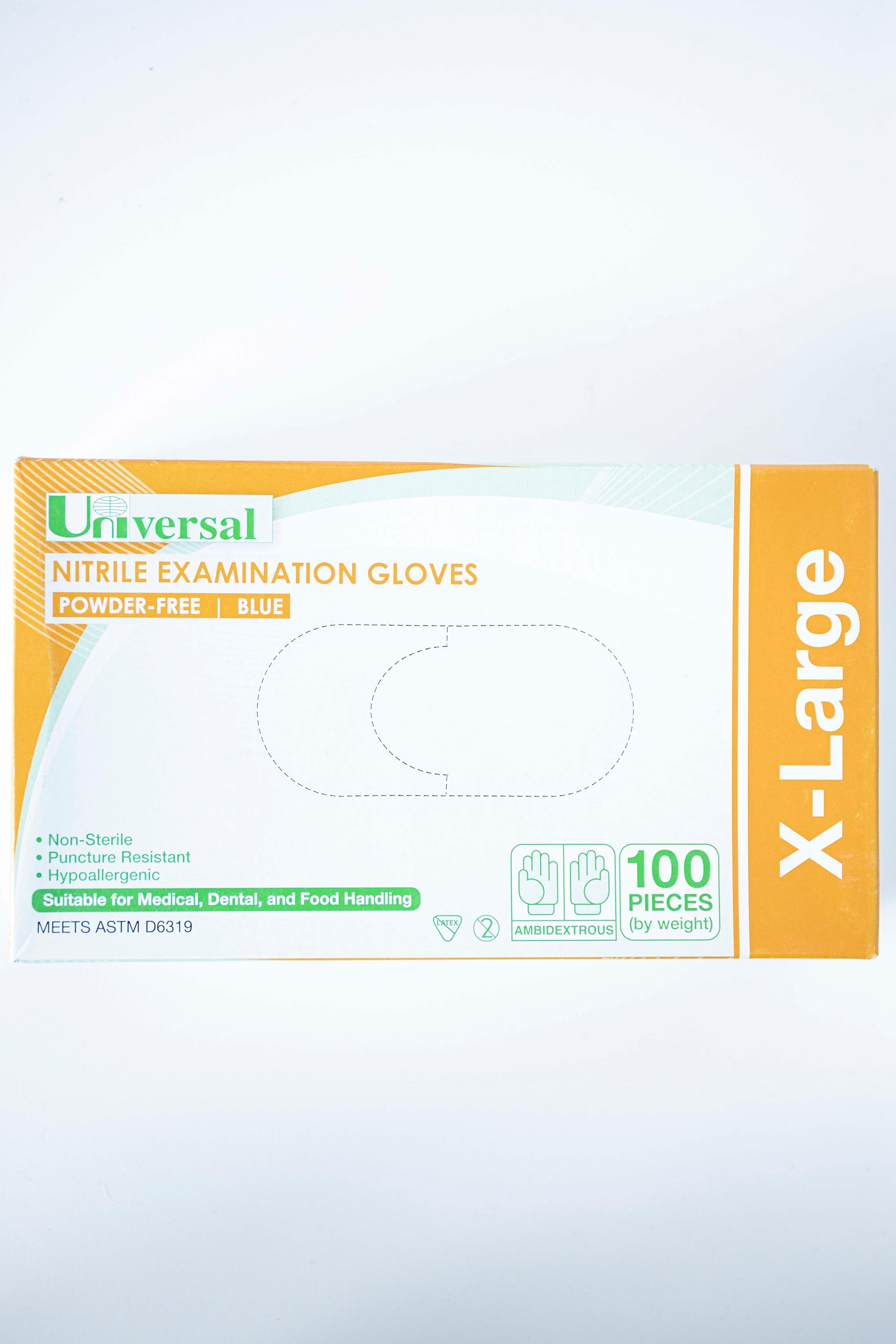 Box of RMIT Store Nitrile Gloves in Extra Large size, featuring yellow and white packaging with bold text indicating "Nitrile Examination Gloves," laid flat on a plain surface. The size "X-Large" is clearly visible on the box front.