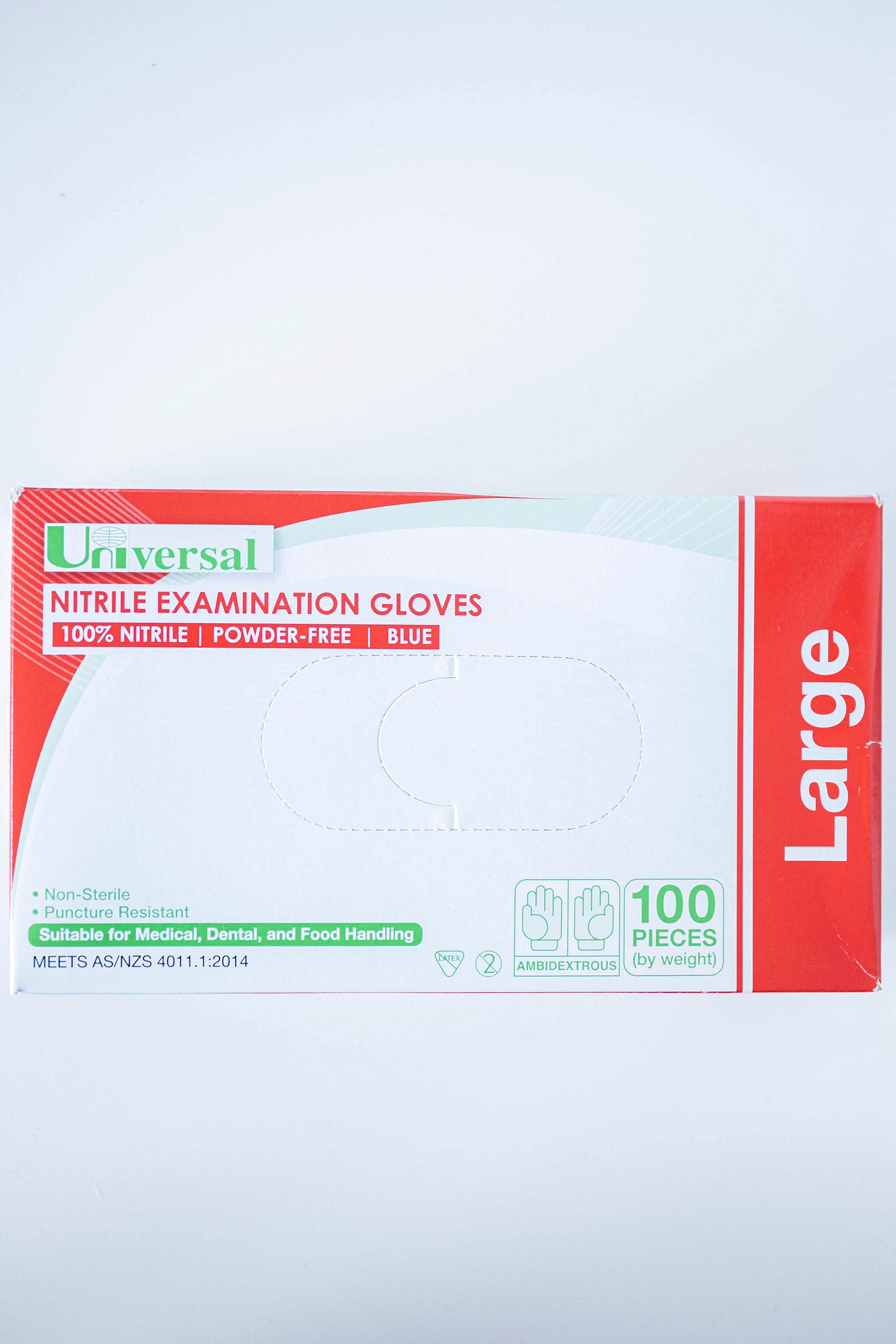 Box of RMIT Store Nitrile Gloves in Large size, featuring red and white packaging with bold text indicating "Nitrile Examination Gloves," laid flat on a plain surface. The size "Large" is clearly visible on the box front.