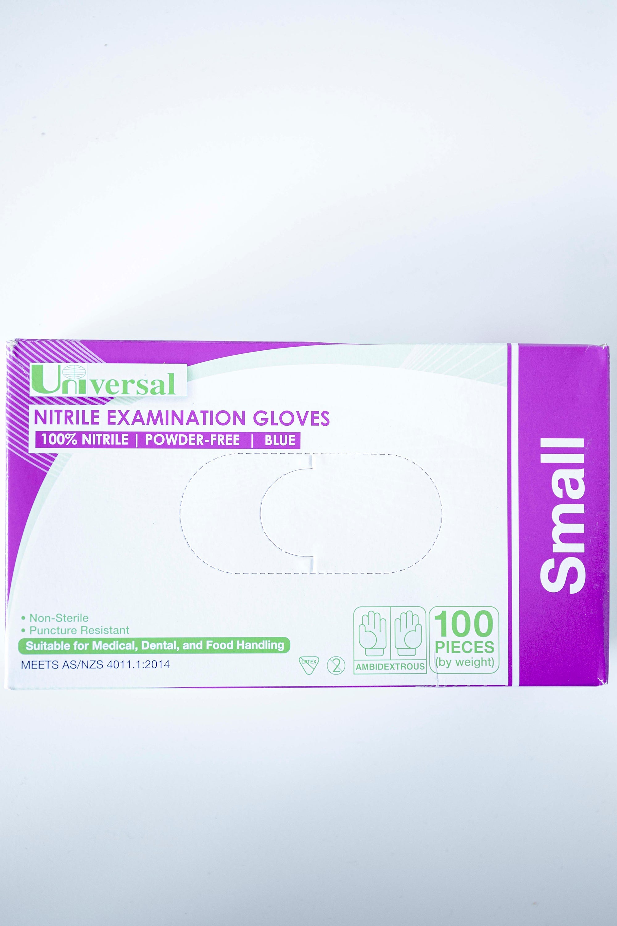 Box of RMIT Store Nitrile Gloves in Small size, featuring purple and white packaging with bold text indicating "Nitrile Examination Gloves," laid flat on a plain surface. The size "Small" is clearly visible on the box front.