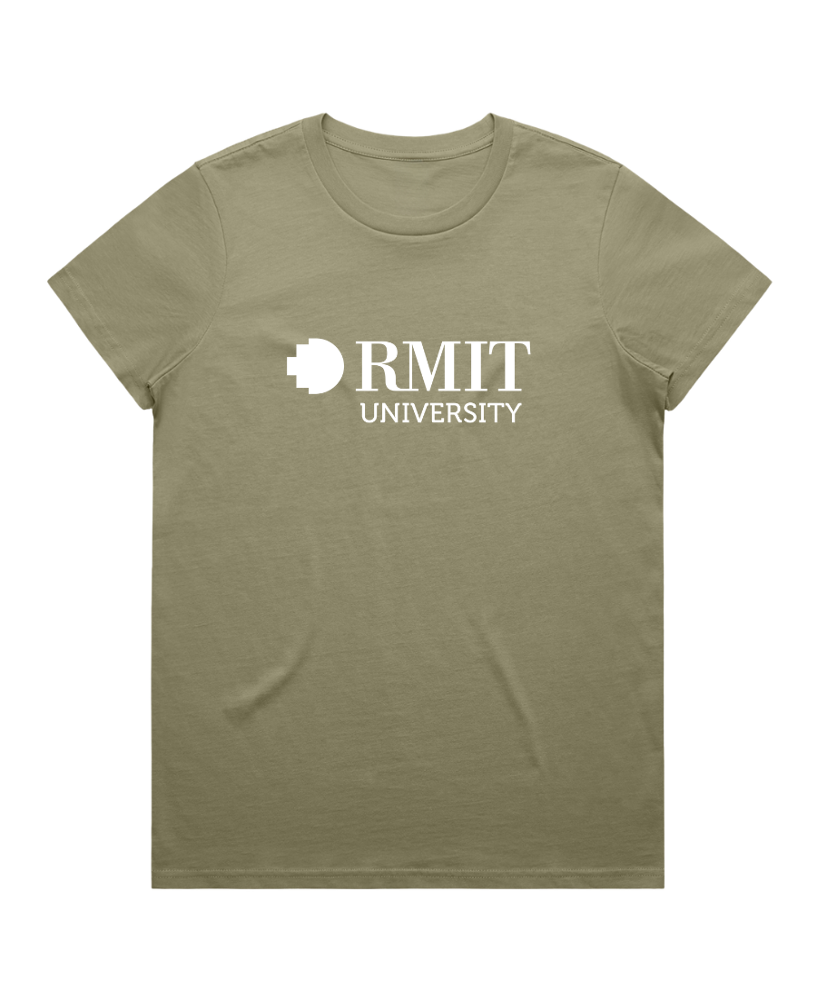 RMIT Limited Edition Loud Logo Tee in eucalyptus green, fitted style with white RMIT University logo printed at centre chest.