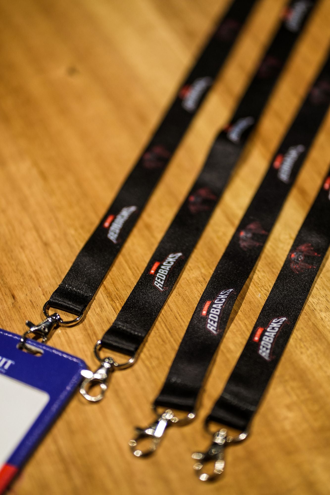 Four black Redbacks lanyards, featuring the team's logo and mascot design in red and white, are laid flat on a light wooden surface. Each lanyard displays the word "Redbacks" repeatedly along its length, and connects to silver swivel hooks, with one attached to a blue and red RMIT University card holder. These accessories are available in the RMIT Store.