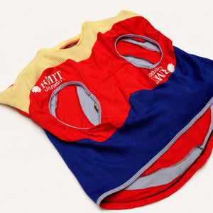 Target On My Back Again fashion-student designed upcycled tee from RMIT Store, featuring a red upcycled tee with a large concentric target motif on the back and a reconstructed front featuring a blue midsection, cream shoulder panel, circular cut-out details and layered red fabric, shown in a close-up showing reconstructed seams, appliqué, panel work and surface details on a light studio background.