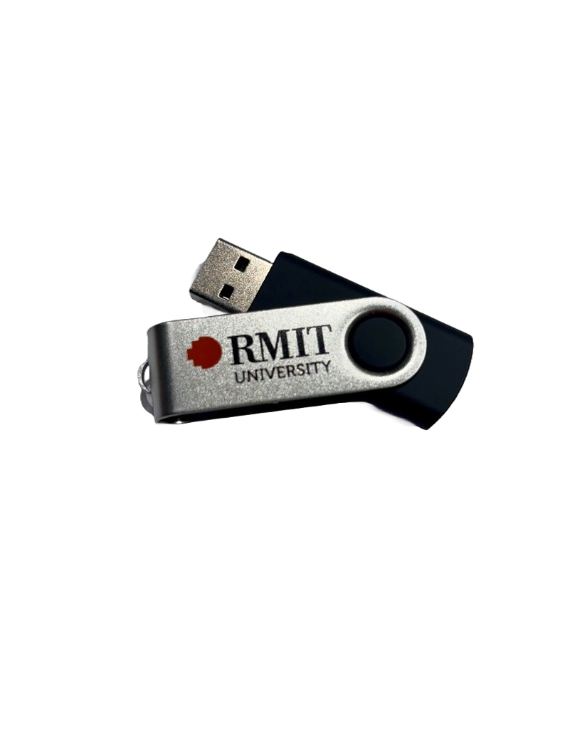 Black RMIT USB flash drive with a silver swivel cover featuring the RMIT University logo in black text and a red pixel graphic, available at the RMIT Store.