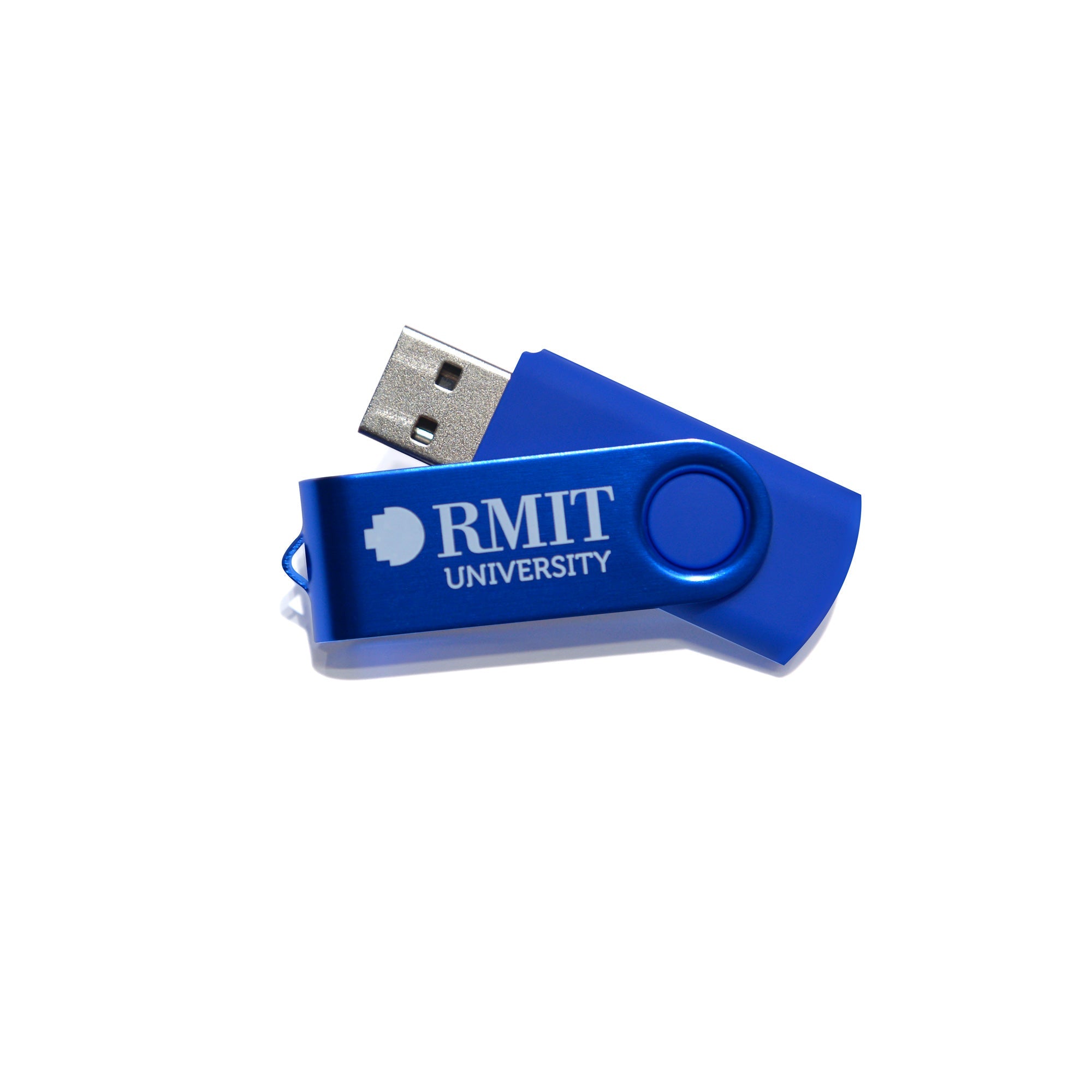 RMIT Store USB flash drive in vibrant blue with a swivel cap, featuring the RMIT University logo prominently for easy identification.