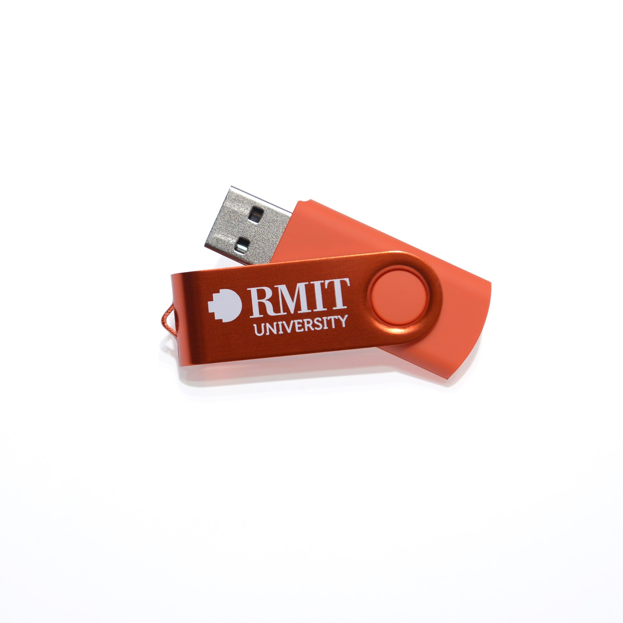 RMIT Store USB flash drive in red with a swivel cap, displaying the RMIT University logo for brand recognition.