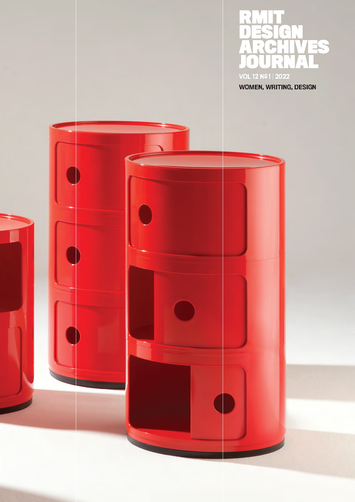 RMIT Store RMIT Design Archives Journal Vol. 12 No. 1 2022, Women, Writing, Design, front cover featuring glossy red cylindrical modular storage cabinets against a pale neutral studio background, with fine white vertical guide lines and the white and black journal masthead at the upper right.