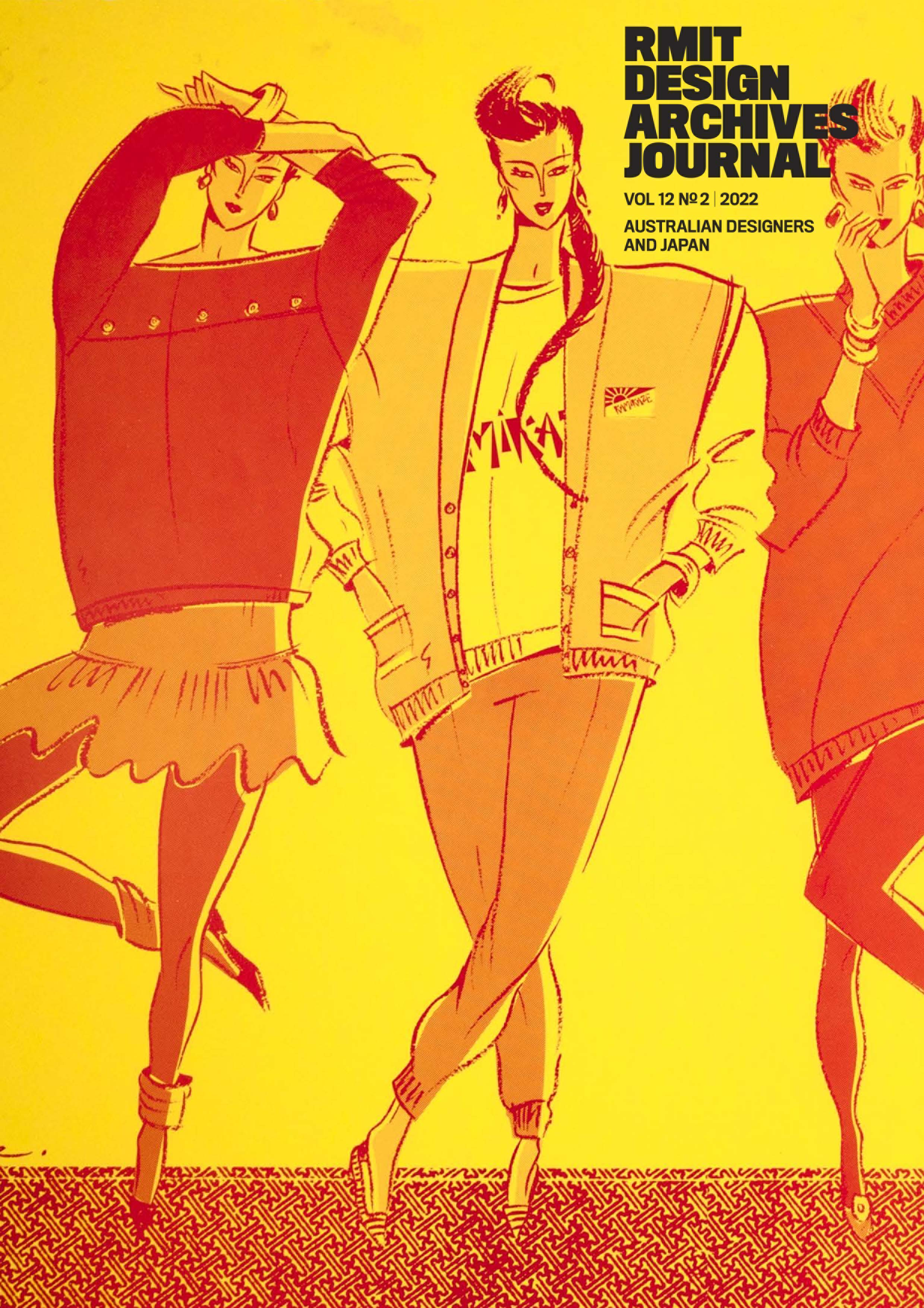 RMIT Store RMIT Design Archives Journal Vol. 12 No. 2 2022, Australian Designers and Japan, front cover with a vivid yellow background and red illustrated fashion figures wearing Australian-inspired garments, with the black RMIT Design Archives Journal masthead at the upper right.