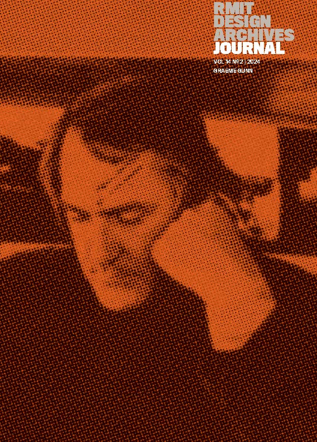 RMIT Store RMIT Design Archives Journal Vol. 14 No. 2 2024, Graeme Gunn, front cover in orange and dark brown featuring a halftone archival photograph of a seated man wearing glasses, with the white RMIT Design Archives Journal masthead at the upper right.
