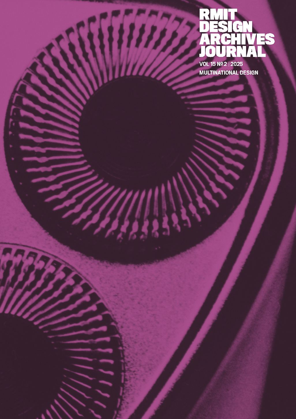 RMIT Store RMIT Design Archives Journal Vol. 15 No. 2 2025, Multinational Design, front cover featuring a magenta and dark purple close-up photograph of circular radial design details, with the white RMIT Design Archives Journal masthead at the upper right.
