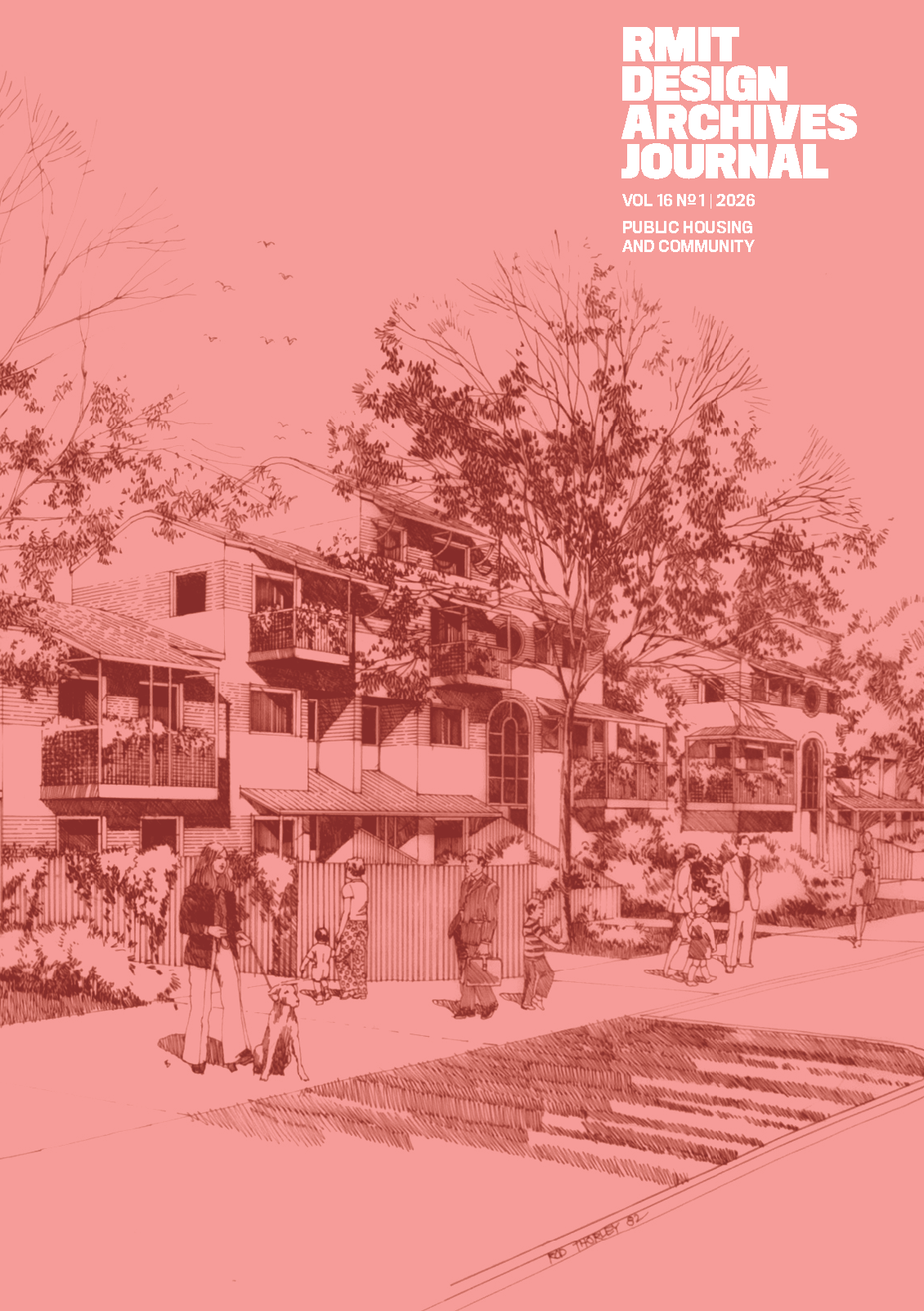 RMIT Store RMIT Design Archives Journal Vol. 16 No. 1 2026, Public Housing and Community, front cover in pale coral pink featuring a monochrome architectural illustration of public housing, trees and residents, with the white RMIT Design Archives Journal masthead at the upper right.