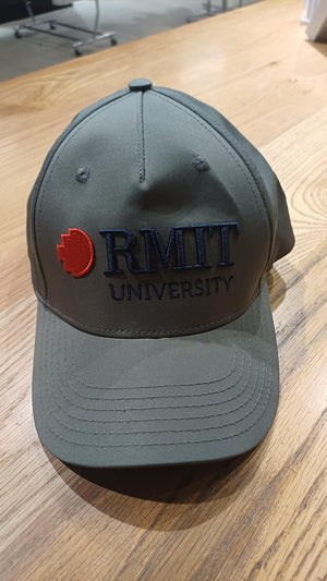 Olive green cap featuring embroidered RMIT University branding on the front in navy and red, with a curved brim and stitched panel detailing.