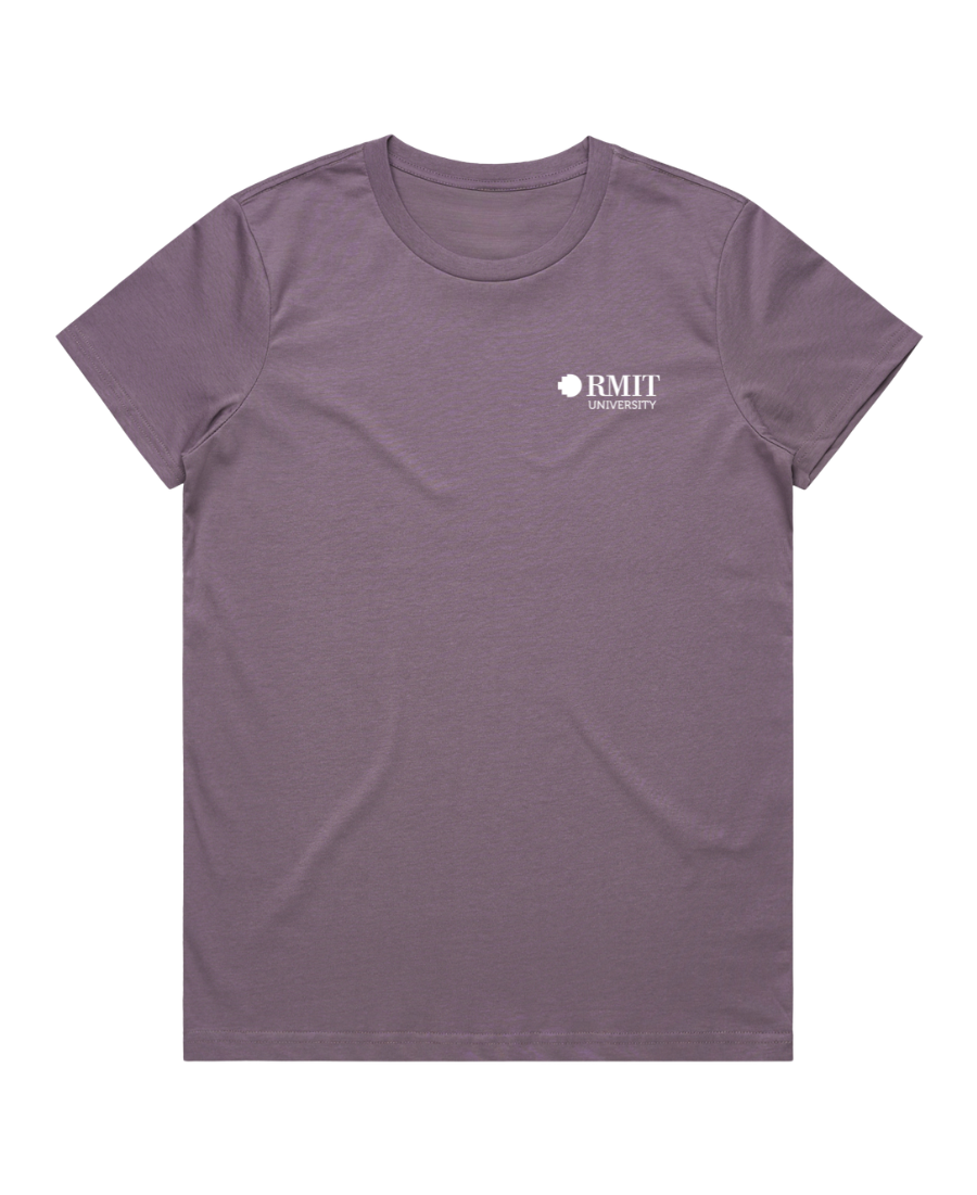 RMIT Limited Edition Tee 2026 in mauve, fitted t-shirt with white RMIT University logo printed on left chest.