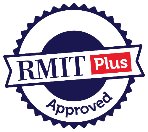 RMIT Plus Approved logo with a blue and red design on a white background