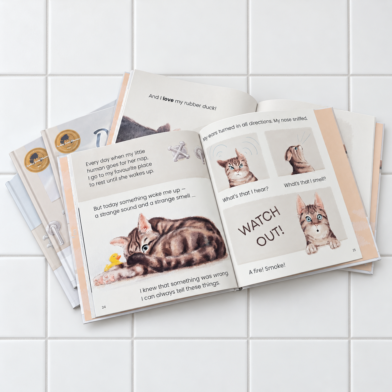 Flat lay of Dolly the Bathtub Cat opened to pages 24 and 25, showing Dolly reacting to the smell of smoke.