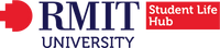 RMIT University Student Life Hub logo with a red icon on the left, large navy 'RMIT' text, 'UNIVERSITY' below in navy, and a red box on the right with white 'Student Life Hub' text.