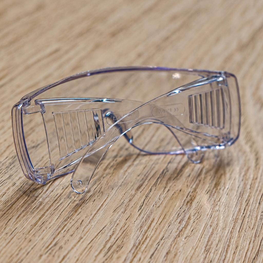 RMIT Store SG3 clear safety glasses shown from an angled rear view on a light timber tabletop, highlighting the transparent wraparound construction, integrated nose bridge, clear curved arms and two ribbed side ventilation sections, with faint moulded markings visible on the inner transparent frame.